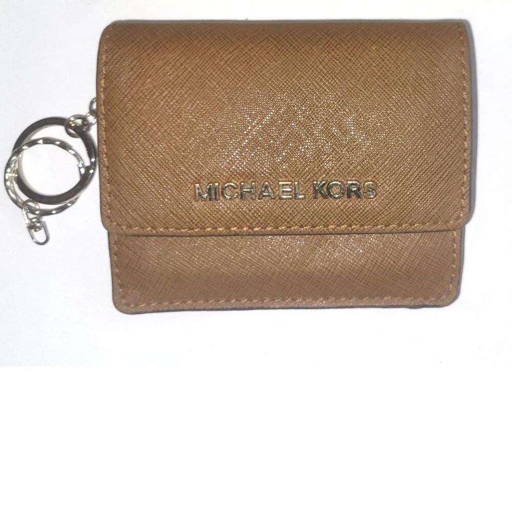 Michael Kors Brown Saffiano Key Card Holder Wallet Zip Key Ring